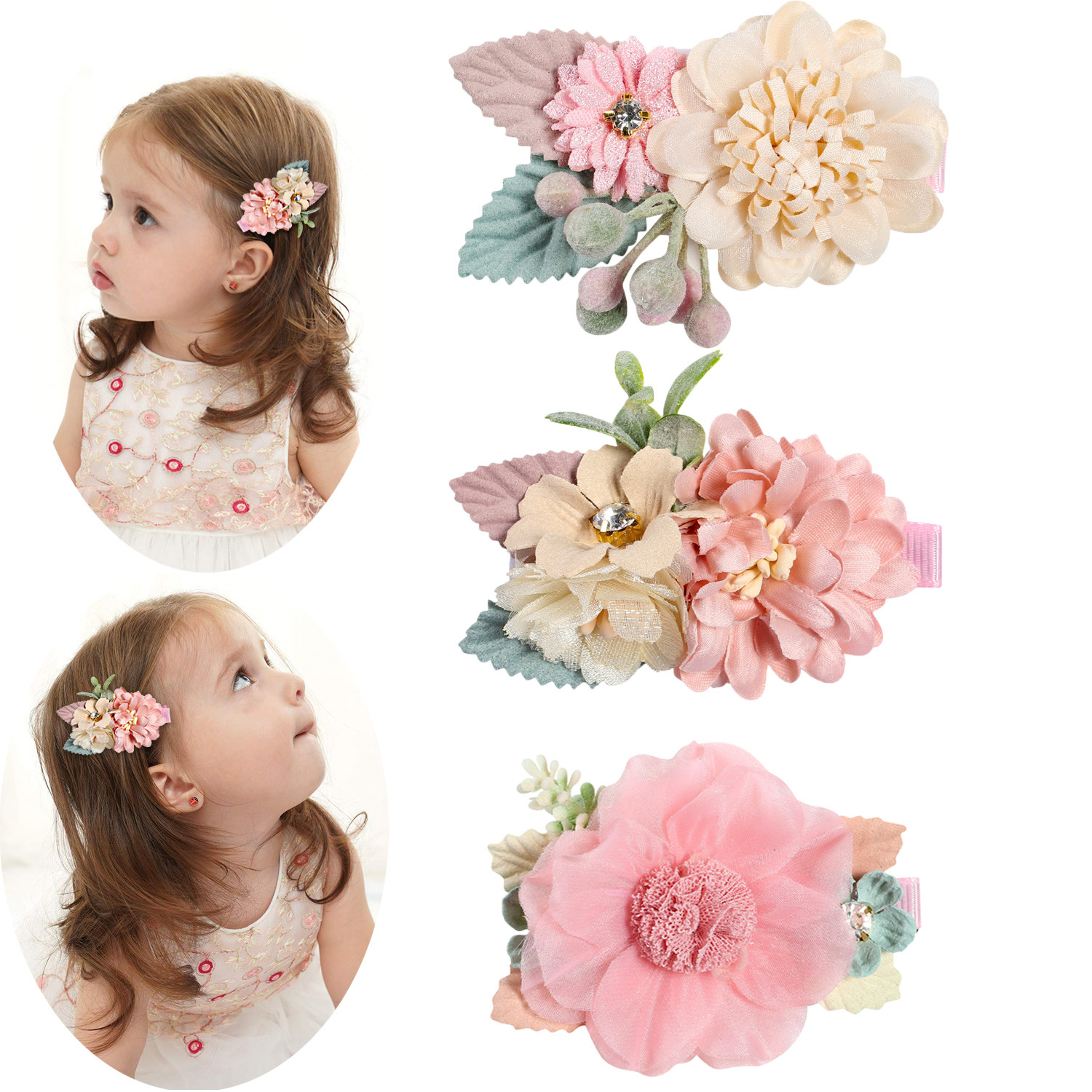 Amazon Hot Three Sets of Pink Simulation Headdress Flower Princess All-Matching Fresh and Natural Cute Hairpin