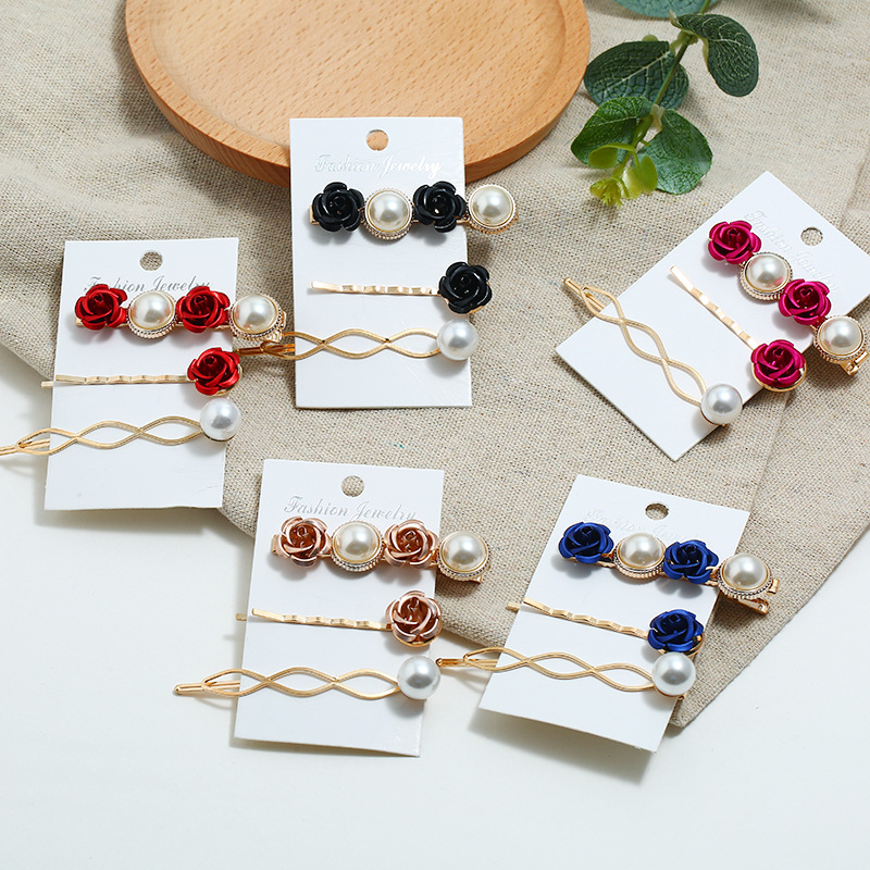  Hot Suit Pearl Barrettes Three-Piece Rose Clip Flower Side Clip Korean Style Two Yuan Shop Ornament Rose Hairpin