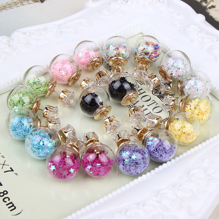 E853 New Glass Ball Stud Earrings Zircon-like Hollow Glass Temperament Transparent Pentagram Stud Earrings Wholesale