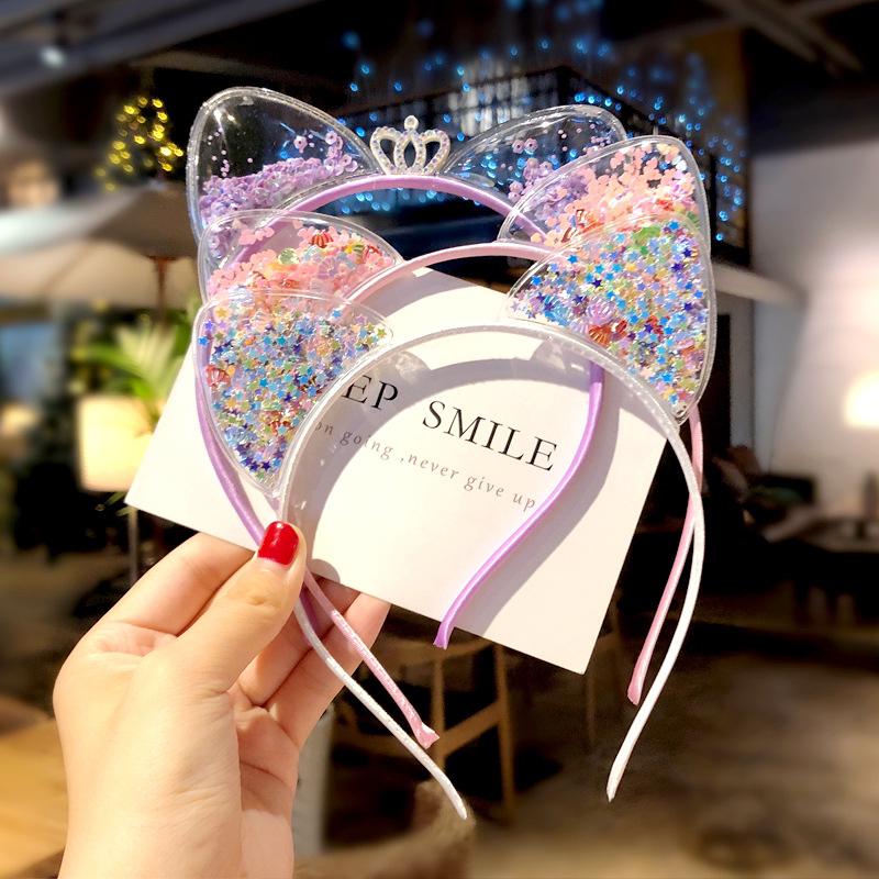Super Cute Cat Ear Headband Girl Baby Korean Children Quicksand Crown Headband Hairpin Princess Hair Accessories Female