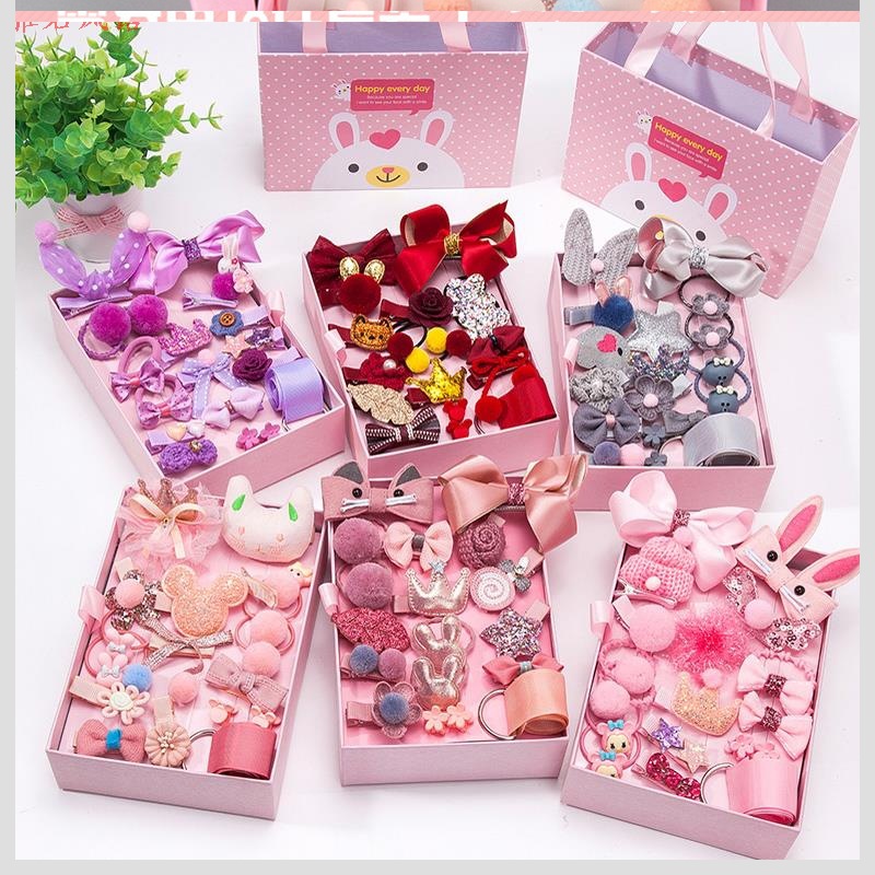 Children&#039;s Hair Accessories 18-Piece Gift Box Barrettes Korean Rubber Band Cute Baby Hair Ring Princess Crown Hairpin Clip
