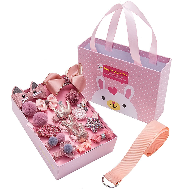Children&#039;s Hair Accessories 18-Piece Gift Box Barrettes Korean Rubber Band Cute Baby Hair Ring Princess Crown Hairpin Clip