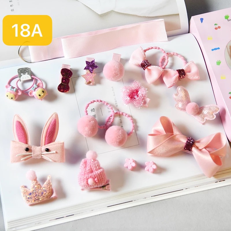 Children&#039;s Hair Accessories 18-Piece Gift Box Barrettes Korean Rubber Band Cute Baby Hair Ring Princess Crown Hairpin Clip