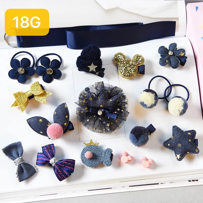 Children&#039;s Hair Accessories 18-Piece Gift Box Barrettes Korean Rubber Band Cute Baby Hair Ring Princess Crown Hairpin Clip