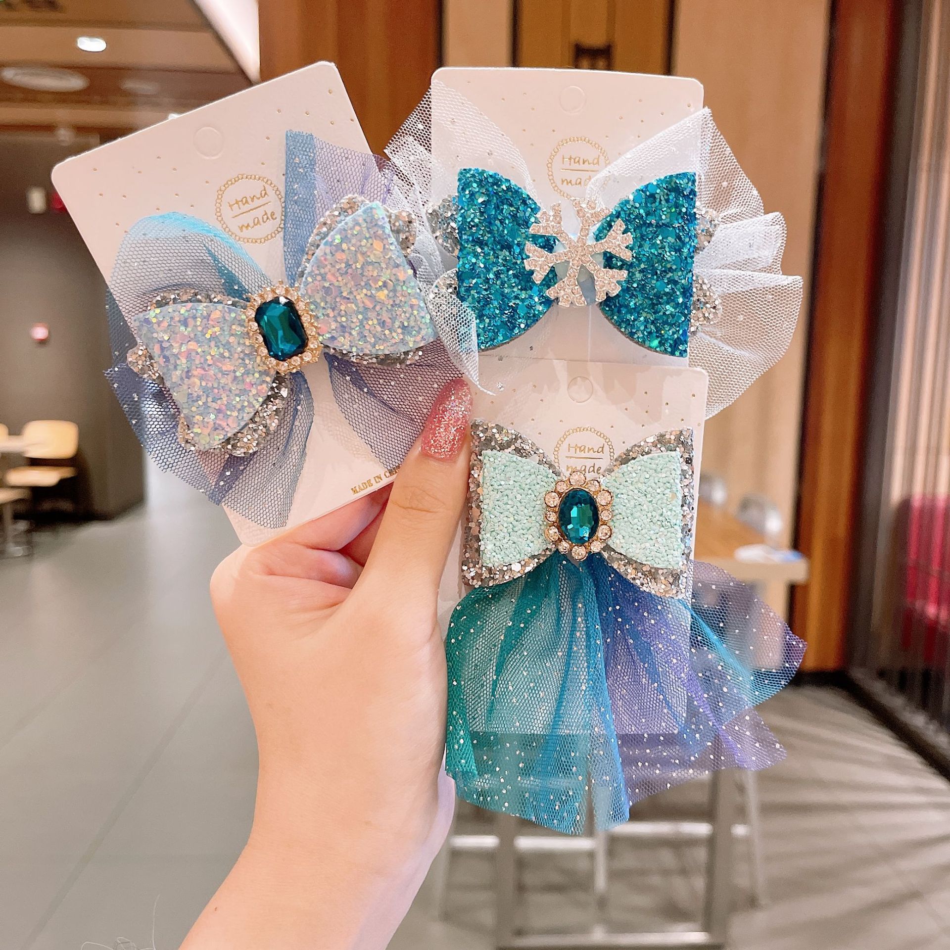 New Ice Princess Crown Hairpin Snowflake Bow Ribbon Hairpin Blue Crystal Mesh  Decorative net