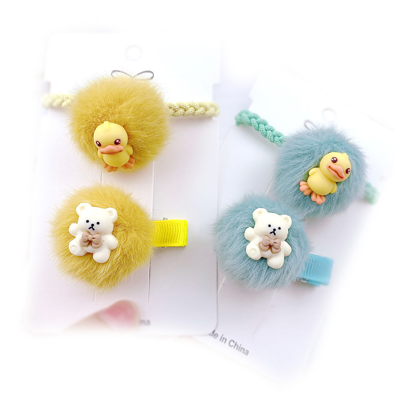  Hairy Ball Hair Band Sweet Pompon Hair Band Clip Suit Girls&#039; Little Duck Hair Rope Bear Hairpin Ball Hairpin