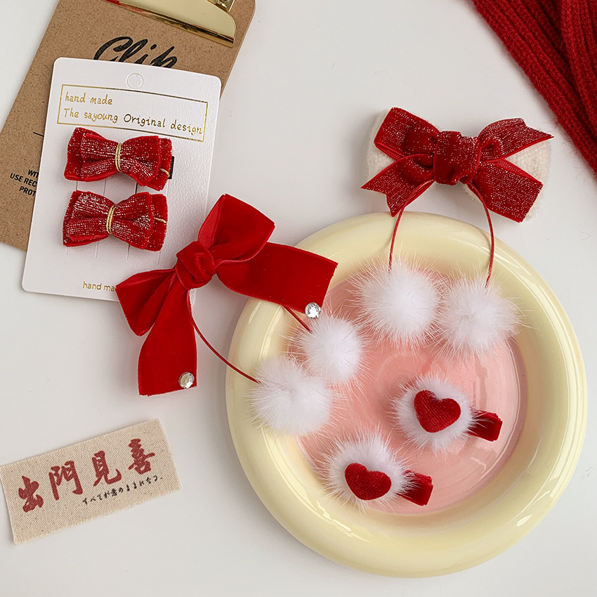 New Year Headdress Red Bow Hair Ball Hair Clip Headband New Year Hair Accessories Festive Headband Hair Pressing Hairpin Holiday Decoration