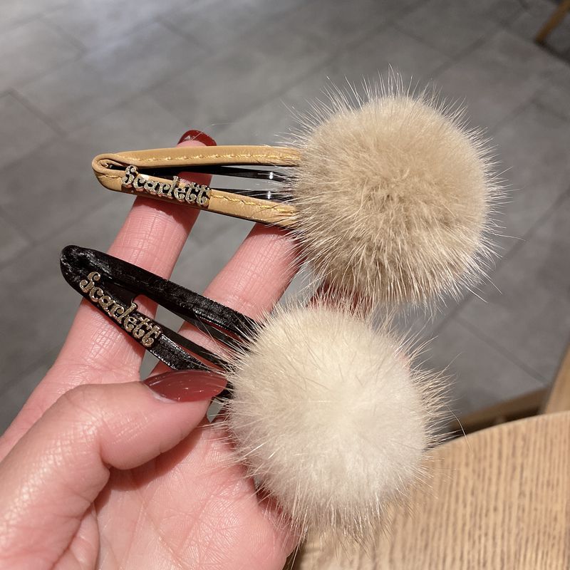 Winter Mink Barrettes Calfskin Rhinestone BB Clip Bangs Broken Hair Side Gap Former Red Korean Style New Ball Hairpin