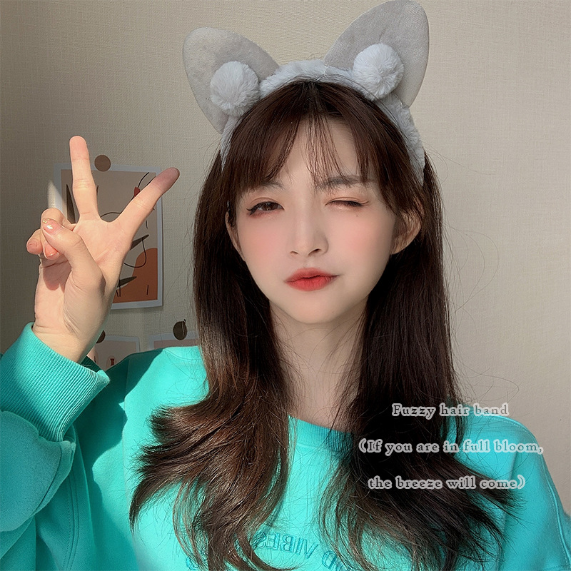 Japanese and Korean Cartoon Cute Little Wild Cat Headband Furry Triangle Cat Ears Fur Ball Face Washing Hair Fixer Headband Hairpin Tide