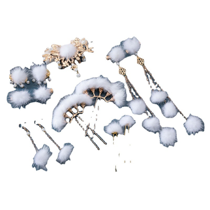 Hanfu Fur Ball Tassel Hairpin Suit Furry Antique Alloy White Side Clip Winter Fur Solid Color Female Ball Hairpin