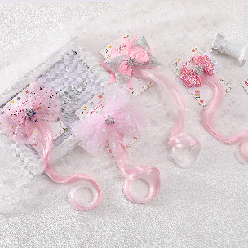 Xinchenyun Cross-Border Children&#039;s Wig Princess Bowknot Crown Barrettes Holiday Dress up Party Mesh Hairpin