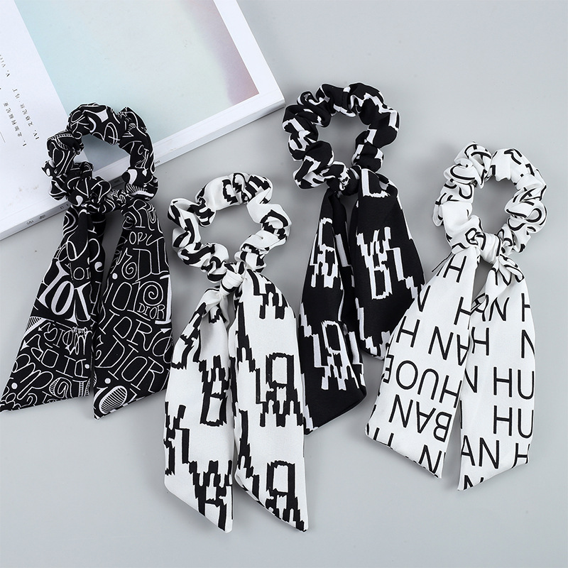 French Large Intestine Hair Band Streamer Solid Color Printing Bowknot Hair Ring Children Bowknot Tie