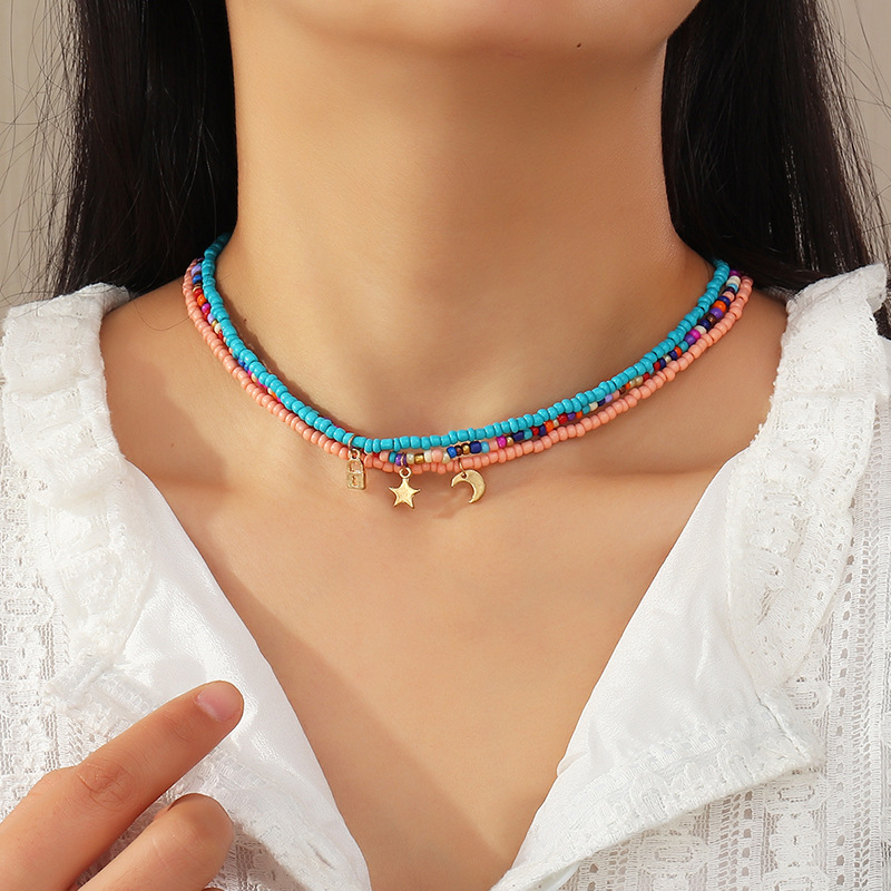 Cross-Border European and American Fashion Jewelry Fresh Candy Color Bead Necklace Set Alloy Star and Moon Pendant Necklace for Women