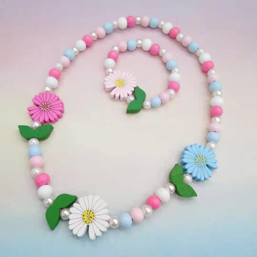 Children&#039;s Wooden Chain Candy Color Cartoon Bracelet Wooden Bead Color Necklace Set Clothing Accessories