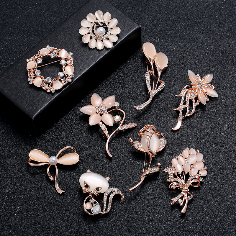 Ornament Clothing Anti-Exposure Opal Brooch Pin Custom Brooch Cross-Border Rhinestone Flower Pearl BroochBrooch