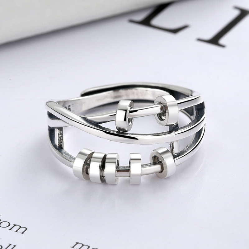 Ring S925 Sterling Silver Fashionable Elegant Women&#039;s Three-Ring Smart Index Finger Ring Lucky Multi-Ring Lucky Beads Wish Silver Accessories