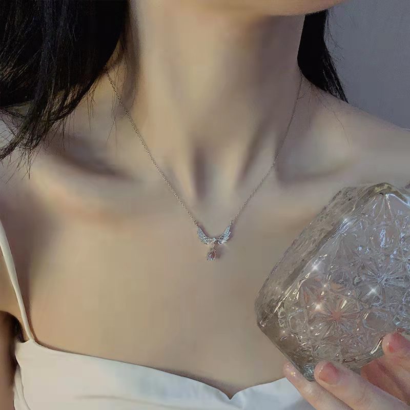 Angel Wings Sterling Silver Necklace for Women Ins Non-Fading Moonstone Special-Interest Design Light Luxury Online Influencer Clavicle Chain