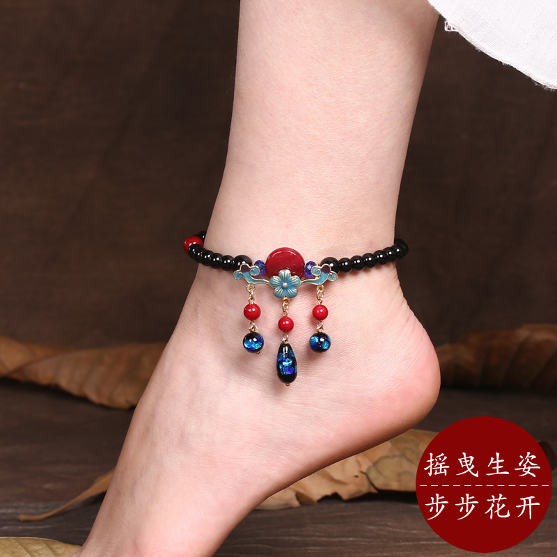Original Handmade Ethnic Style Retro Elegant Starry Sky Glaze Jewelry Simple Personality Tassel Jade Anklet for Women