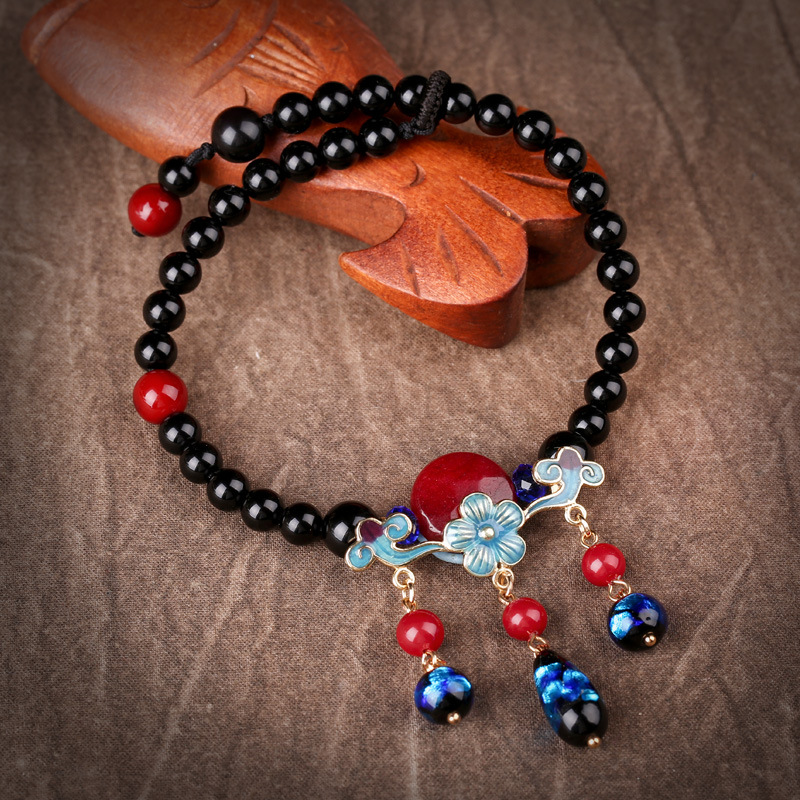 Original Handmade Ethnic Style Retro Elegant Starry Sky Glaze Jewelry Simple Personality Tassel Jade Anklet for Women