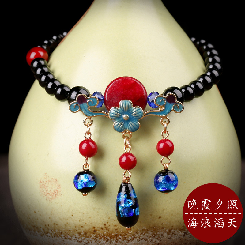 Original Handmade Ethnic Style Retro Elegant Starry Sky Glaze Jewelry Simple Personality Tassel Jade Anklet for Women