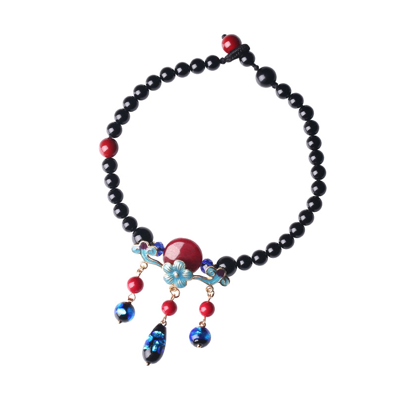 Original Handmade Ethnic Style Retro Elegant Starry Sky Glaze Jewelry Simple Personality Tassel Jade Anklet for Women