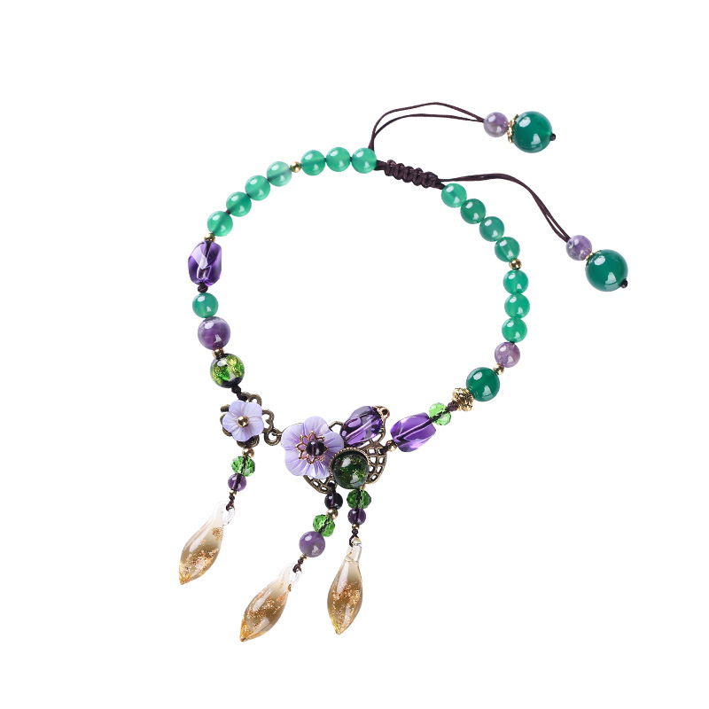Chinese Style Anklet for Women Amethyst Gold Sand Colored Glaze Vintage Hand-Woven Simple Elegant All-Match Foot Ornaments Adjustable