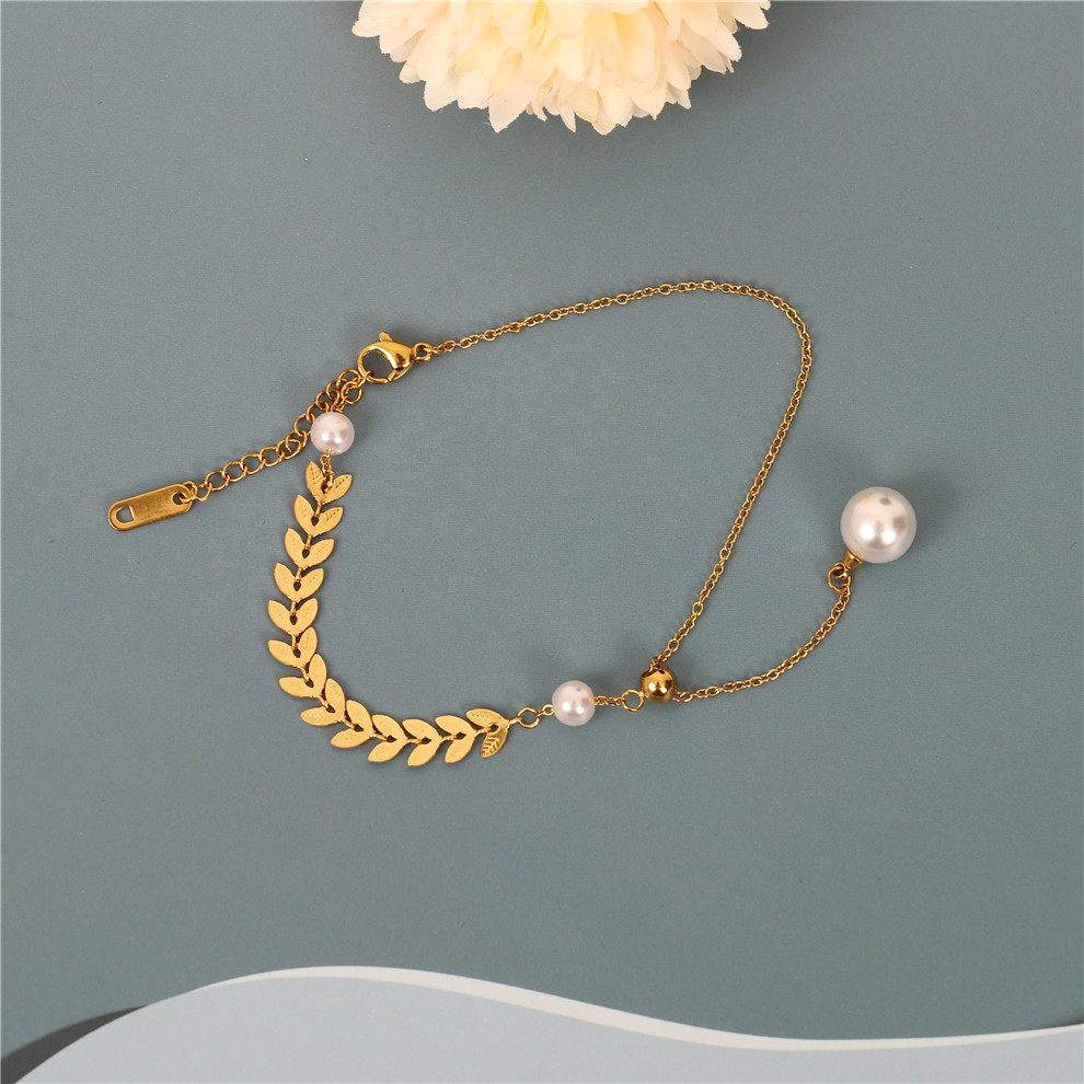 Pearl Wheat Leaves Personalized Bracelet Special-Interest Design Girlfriends Student Sisters Bracelet Cold Wind Titanium Steel Anklet