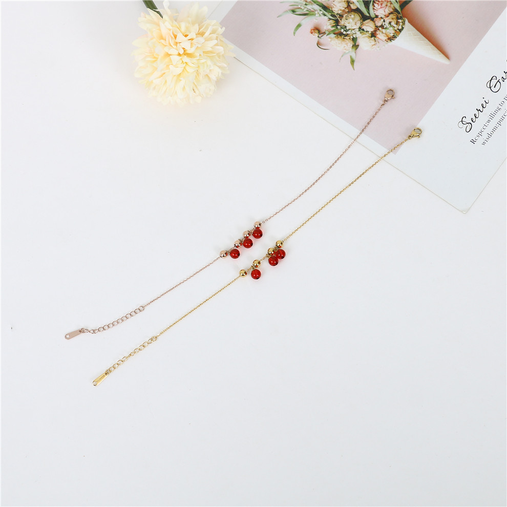 Rose Gold Lucky Anklet Women&#039;s Ancient Style Mori Style Simple Personality Red Bead Anklet Titanium Steel Ornament