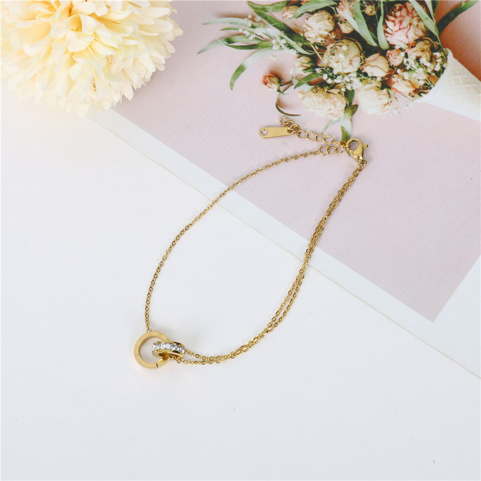 Rose Gold Titanium Steel Anklet Double Ring Bracelet Versatile Digital Anti-Allergy Bracelet Jewelry for Girls