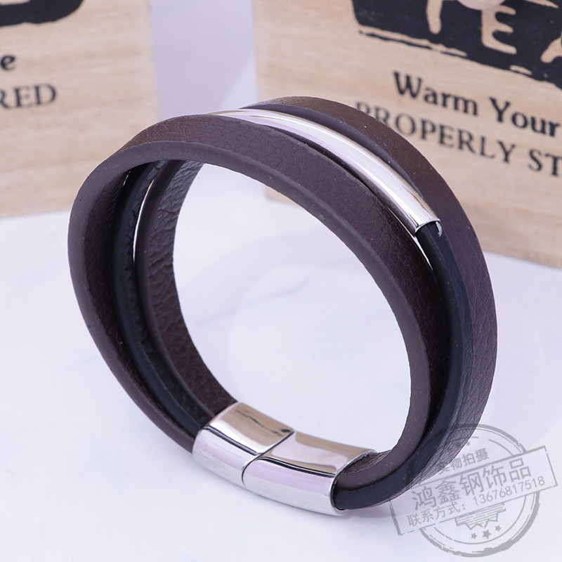 Leather rope men&#039;s bracelet Korean version of rigid male personality titanium steel multi-layer simple teenager bracelet jewelry