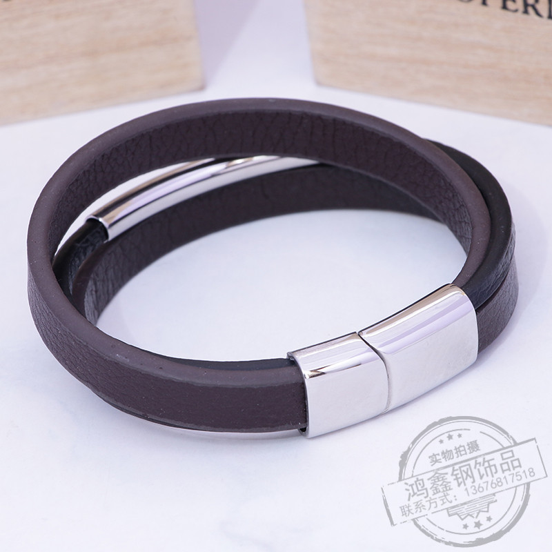 Leather rope men&#039;s bracelet Korean version of rigid male personality titanium steel multi-layer simple teenager bracelet jewelry