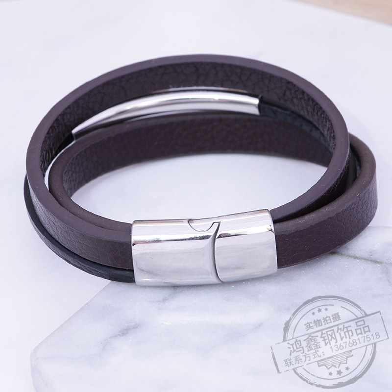 Leather rope men&#039;s bracelet Korean version of rigid male personality titanium steel multi-layer simple teenager bracelet jewelry