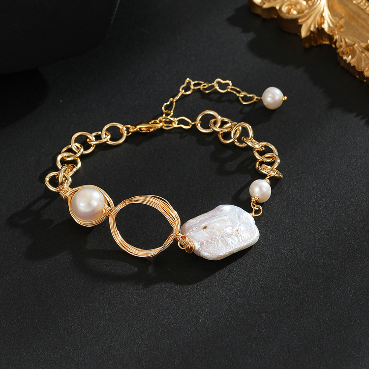 High Quality Gorgeous 18K Gold Bag Natural Freshwater Pearl Bracelet Long Strip Jade Pattern