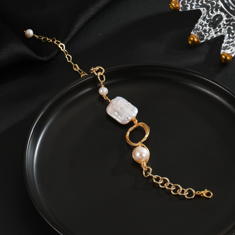 High Quality Gorgeous 18K Gold Bag Natural Freshwater Pearl Bracelet Long Strip Jade Pattern