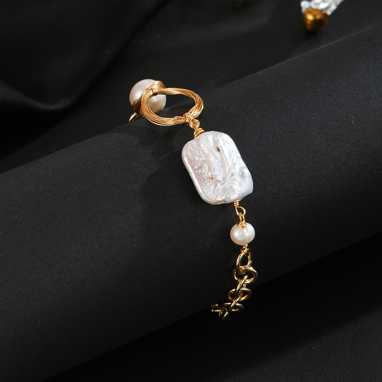 High Quality Gorgeous 18K Gold Bag Natural Freshwater Pearl Bracelet Long Strip Jade Pattern