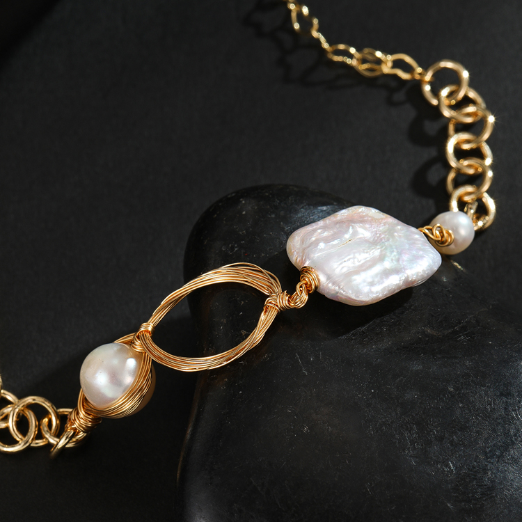 High Quality Gorgeous 18K Gold Bag Natural Freshwater Pearl Bracelet Long Strip Jade Pattern