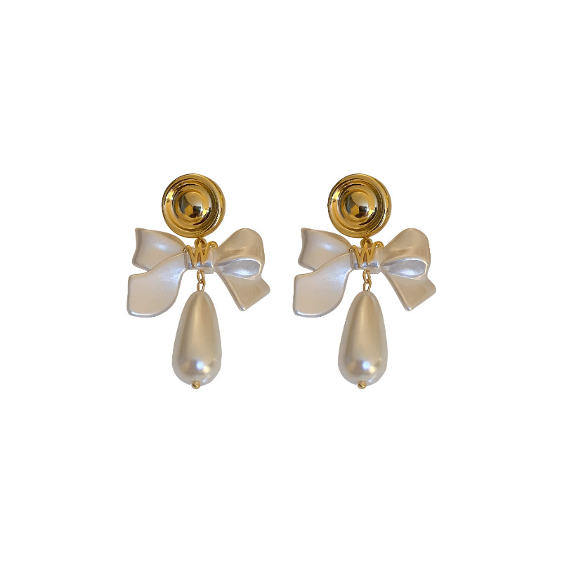 925 Silver Stud Bow Pearl Water Drop Tassel Earrings French Style Retro Elegant Ear Studs Autumn and Winter Design Earrings