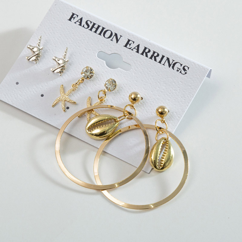 Metal Stud Earrings Combination Set Unicorn Star Ear Studs Diamond Earrings Shell Big Ring Ear Rings