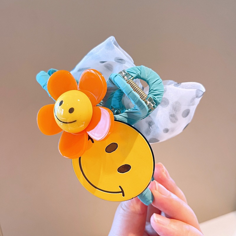 Smiley Face Flower Hair Clip Bow Barrettes Female Summer Back Head Mesh Shark Clip Hair Accessories Flower Hairpin