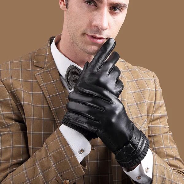 Men&#039;s leather gloves in autumn and winter with fleece and thick touch screen