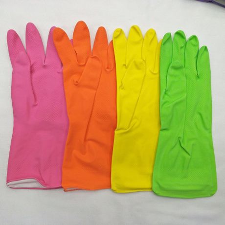 Natural latex flannelized household gloves washing dishes rubber cleaning gloves multi - color waterproof household gloves 60 g