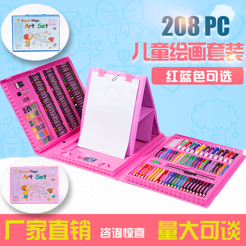 208 Pieces of Children&#039;s Painting Kit Watercolor Pen Art Supplies Crayon Do Work at Easel Board Gift Wax Brush