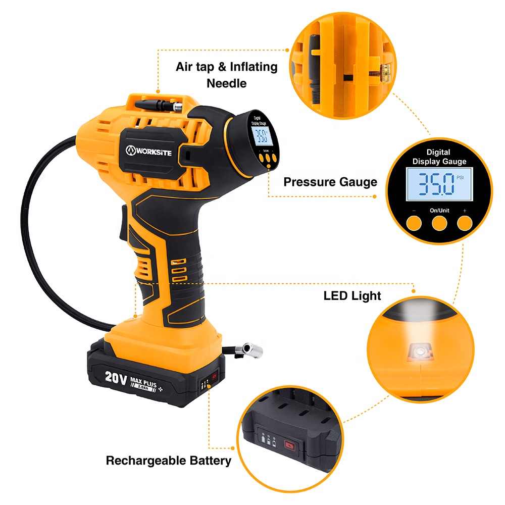 WORKSITE Inflator Air Pump 12V 20V Battery Power Gauge Gun C