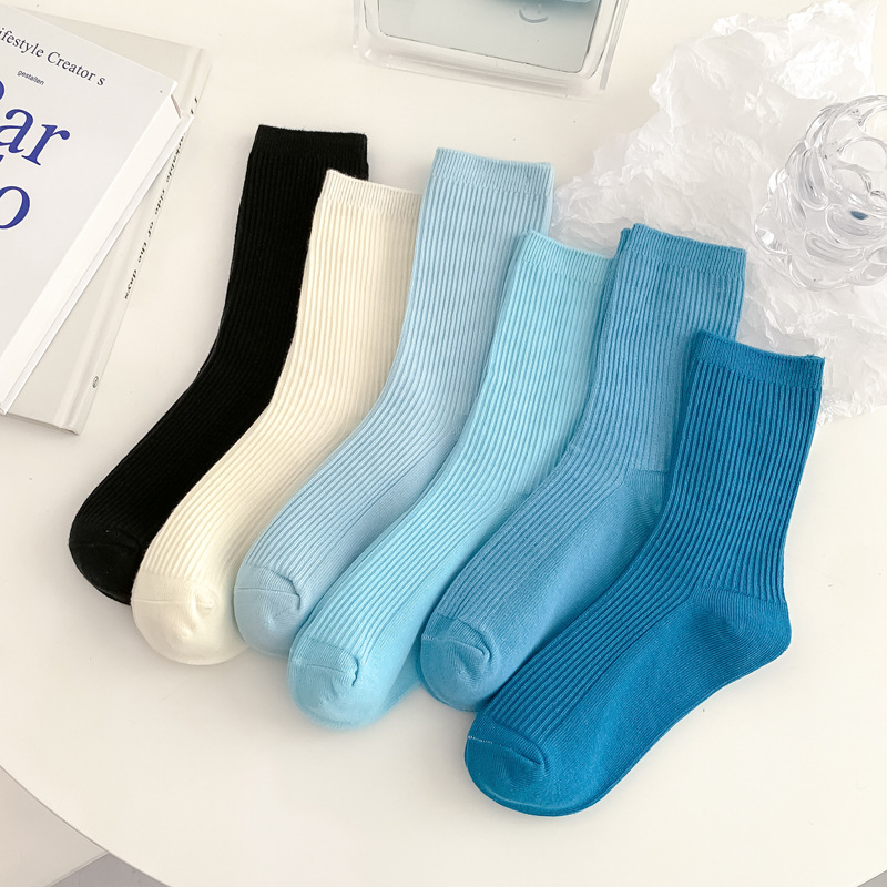 Autumn and Winter New Blue Color Double Needle Tablet Female Cotton Middle Tube Socks Casual Korean Fashion Online Red Cotton All-Match Wholesale