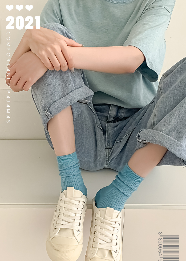 Autumn and Winter New Blue Color Double Needle Tablet Female Cotton Middle Tube Socks Casual Korean Fashion Online Red Cotton All-Match Wholesale