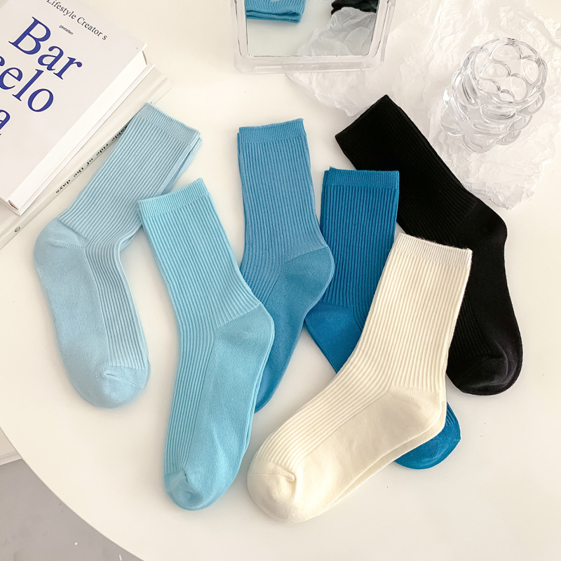 Autumn and Winter New Blue Color Double Needle Tablet Female Cotton Middle Tube Socks Casual Korean Fashion Online Red Cotton All-Match Wholesale