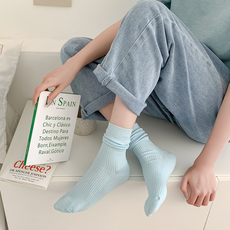 Autumn and Winter New Blue Color Double Needle Tablet Female Cotton Middle Tube Socks Casual Korean Fashion Online Red Cotton All-Match Wholesale