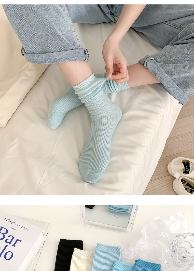Autumn and Winter New Blue Color Double Needle Tablet Female Cotton Middle Tube Socks Casual Korean Fashion Online Red Cotton All-Match Wholesale