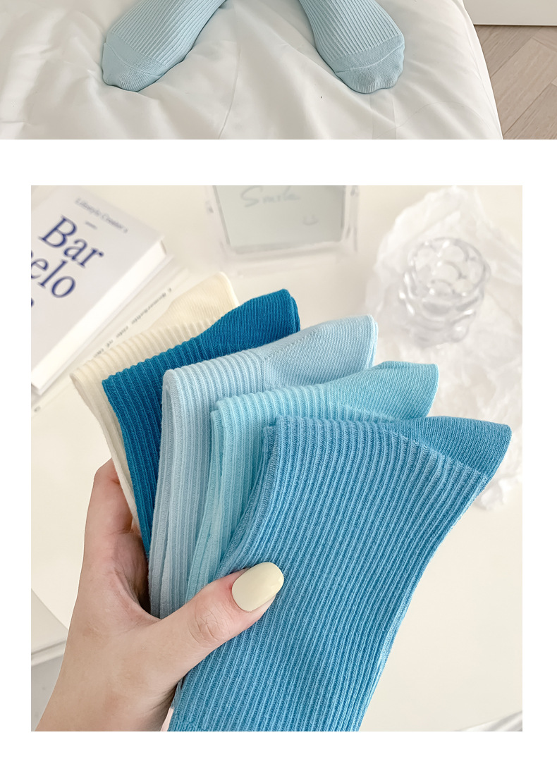 Autumn and Winter New Blue Color Double Needle Tablet Female Cotton Middle Tube Socks Casual Korean Fashion Online Red Cotton All-Match Wholesale