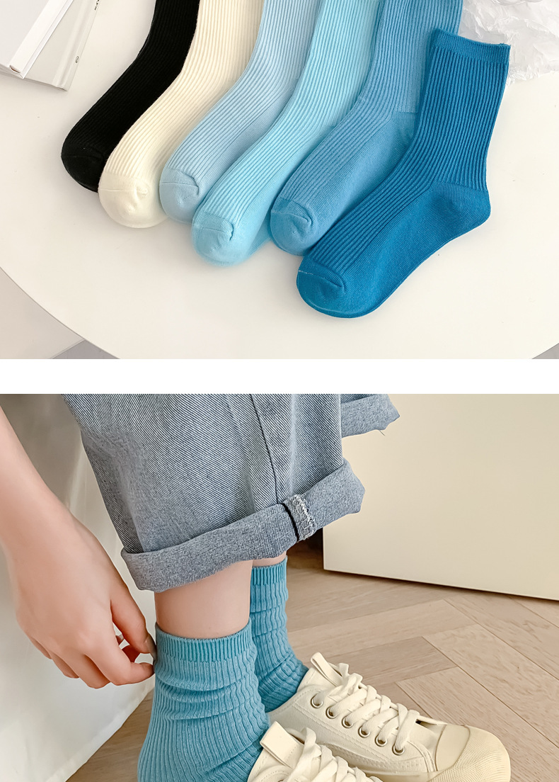 Autumn and Winter New Blue Color Double Needle Tablet Female Cotton Middle Tube Socks Casual Korean Fashion Online Red Cotton All-Match Wholesale